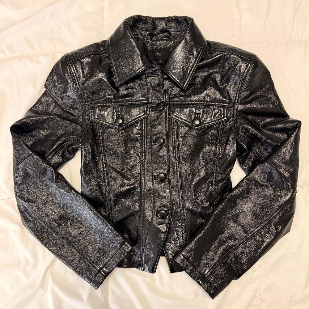NBD Black Lamb Leather Jacket XS Shiny Button Front Fitted